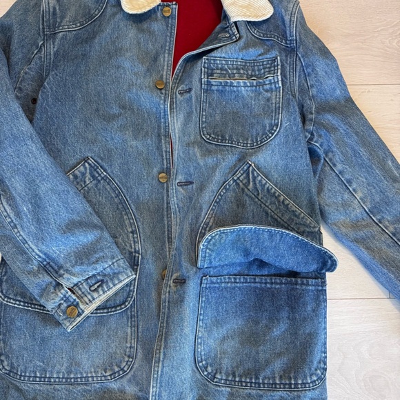 Vintage L.L. Bean Distressed Denim Chore Coat Barn Jacket Removable Wool Lining - Picture 4 of 13